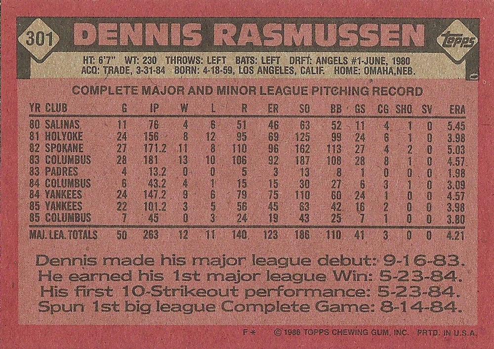 Dennis Rasmussen  baseball card collectible - Main Image 2