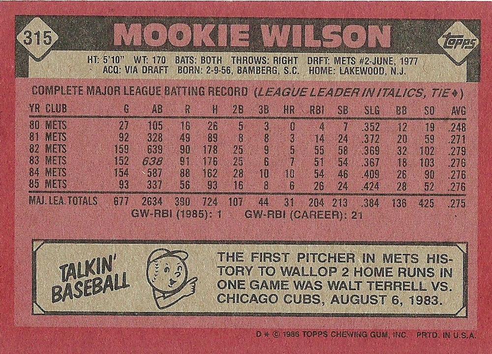 Mookie Wilson  baseball card collectible - Main Image 2