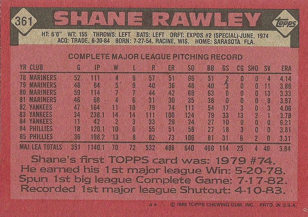 Shane Rawley  baseball card collectible - Main Image 2