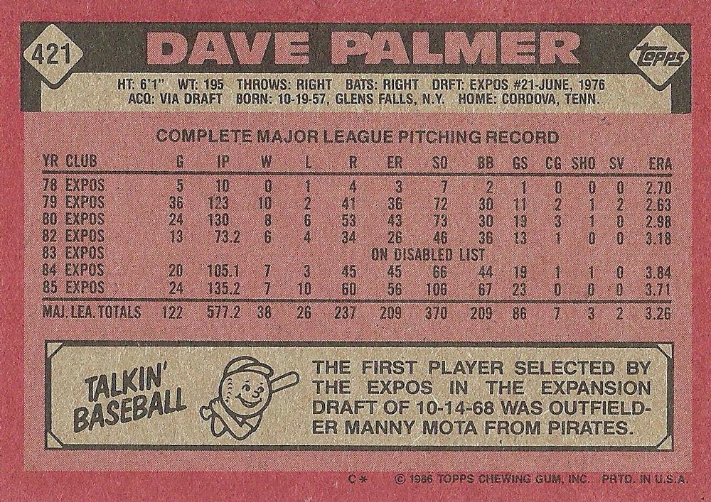 Dave Palmer  baseball card collectible - Main Image 2