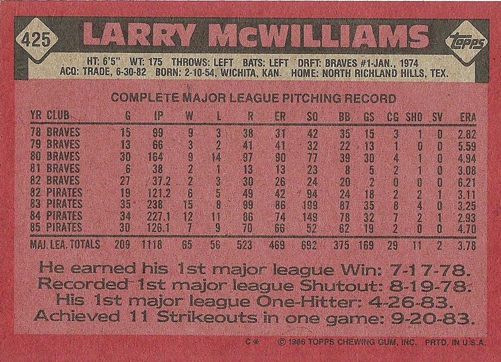 Larry McWilliams  baseball card collectible - Main Image 2