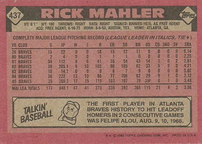 Rick Mahler  baseball card collectible - Main Image 2