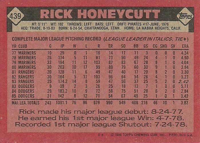 Rick Honeycutt  baseball card collectible - Main Image 2