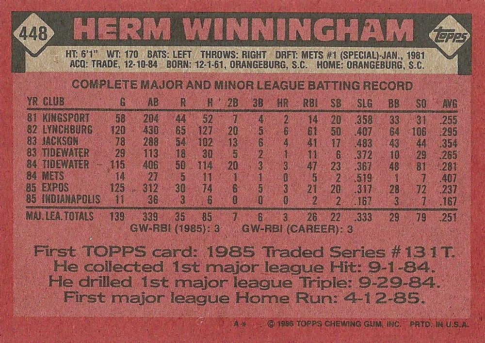 Herm Winningham  baseball card collectible - Main Image 2
