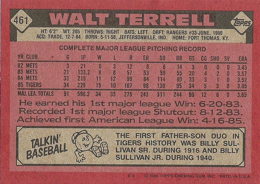 Walt Terrell  baseball card collectible - Main Image 2