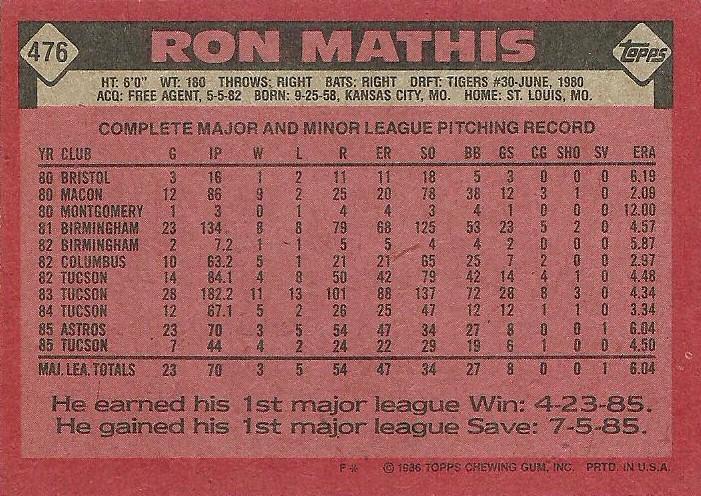 Ron Mathis  baseball card collectible - Main Image 2