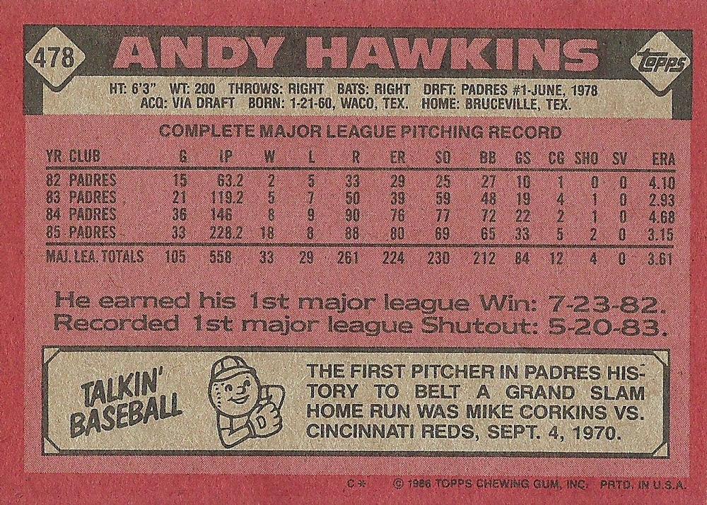 Andy Hawkins  baseball card collectible - Main Image 2