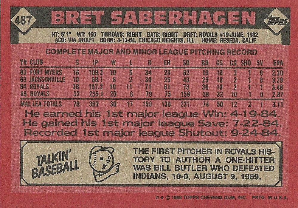 Bret Saberhagen  baseball card collectible - Main Image 2