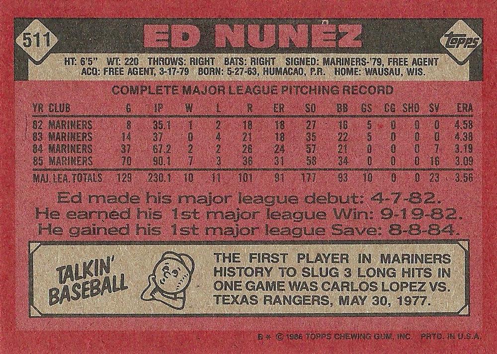 Ed Nunez  baseball card collectible - Main Image 2