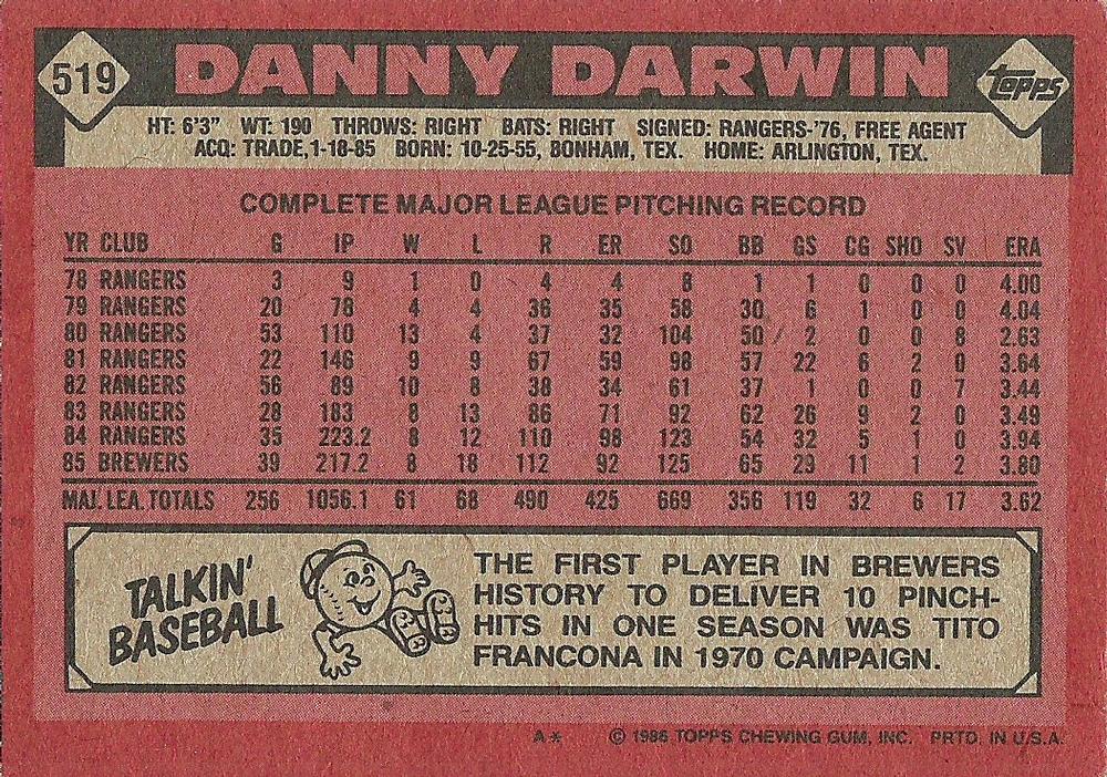 Danny Darwin  baseball card collectible - Main Image 2