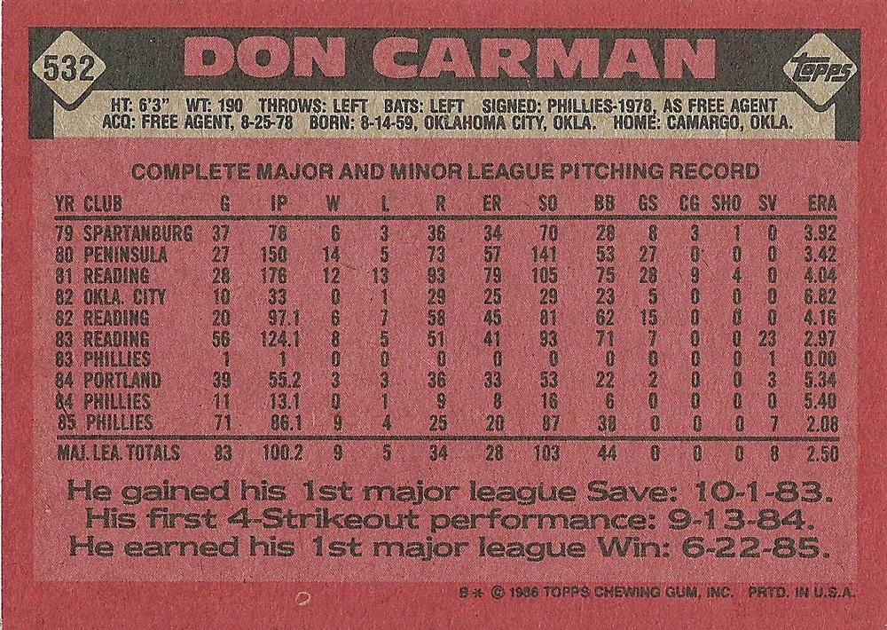 Don Carman  baseball card collectible - Main Image 2