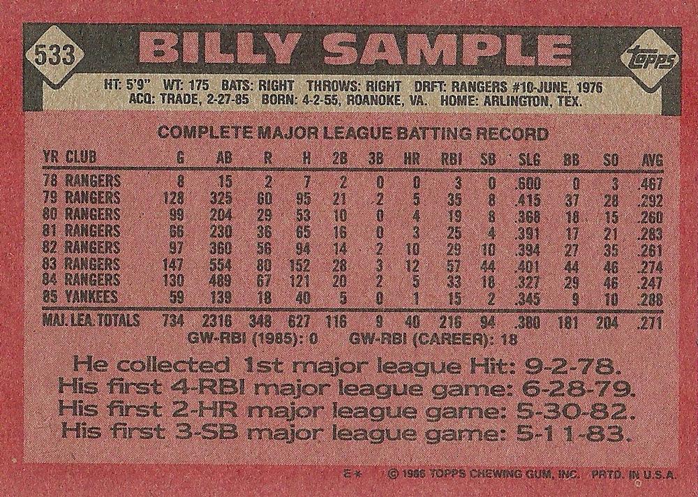 Billy Sample  baseball card collectible - Main Image 2