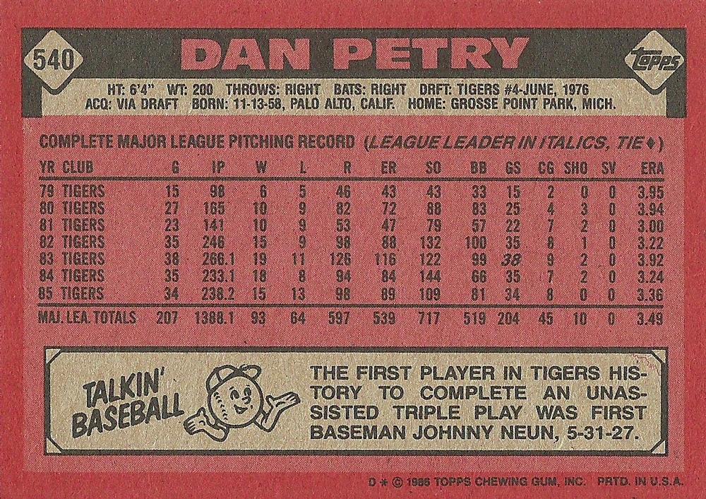 Dan Petry  baseball card collectible - Main Image 2