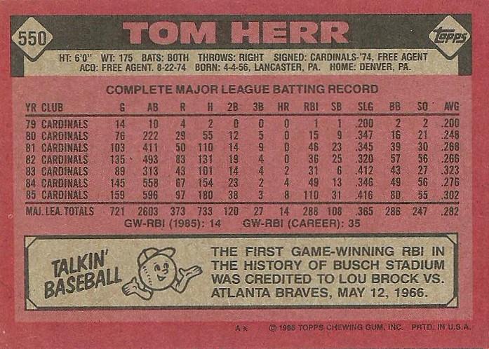 Tom Herr  baseball card collectible - Main Image 2