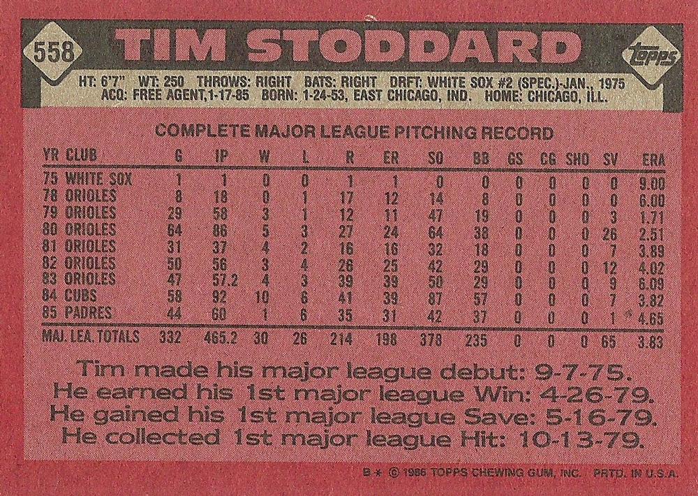 Tim Stoddard  baseball card collectible - Main Image 2
