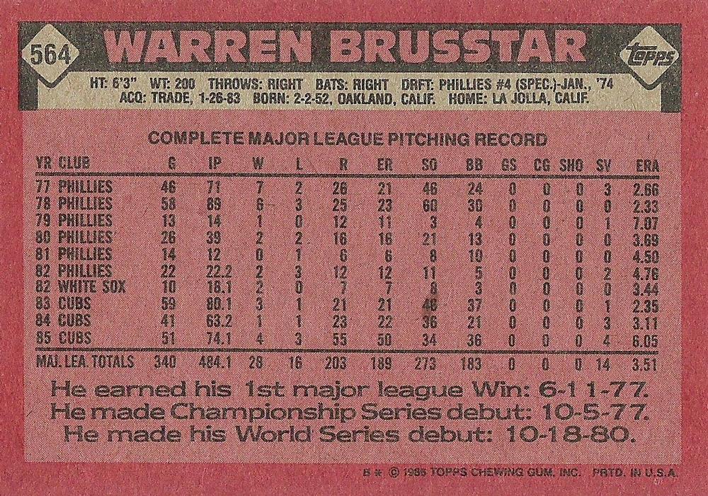Warren Brusstar  baseball card collectible - Main Image 2