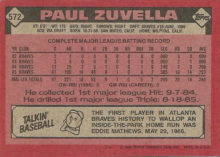 Paul Zuvella  baseball card collectible - Main Image 2