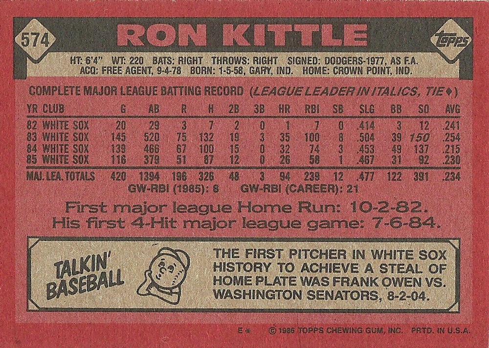 Ron Kittle  baseball card collectible - Main Image 2