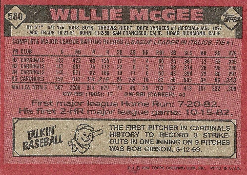 Willie McGee  baseball card collectible - Main Image 2