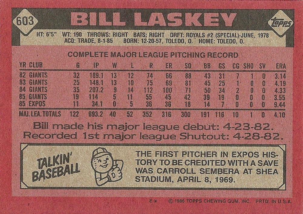 Bill Laskey  baseball card collectible - Main Image 2