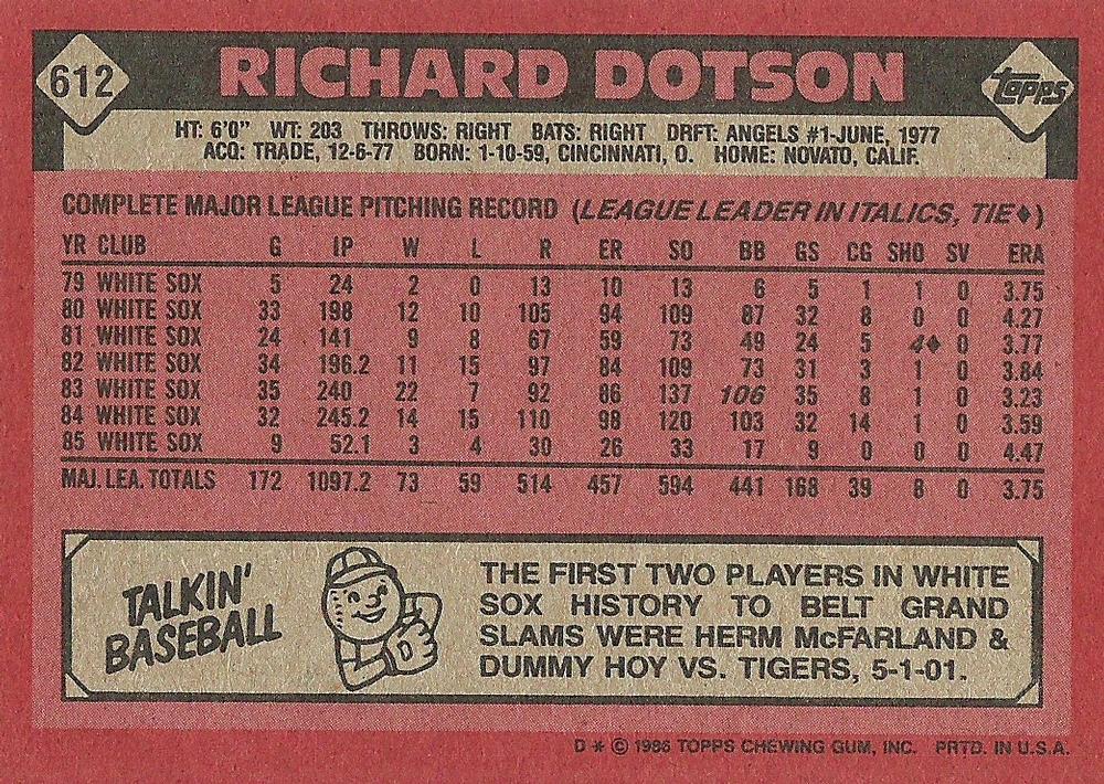 Richard Dotson  baseball card collectible - Main Image 2