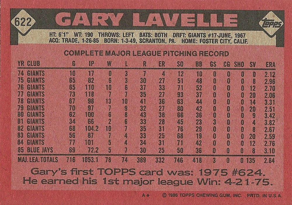 Gary Lavelle  baseball card collectible - Main Image 2