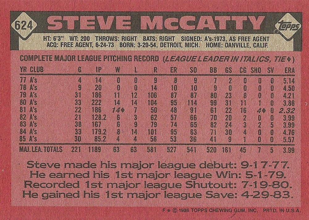 Steve McCatty  baseball card collectible - Main Image 2