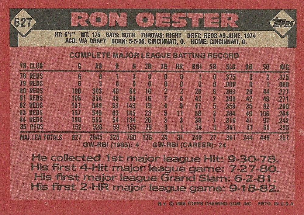 Ron Oester  baseball card collectible - Main Image 2