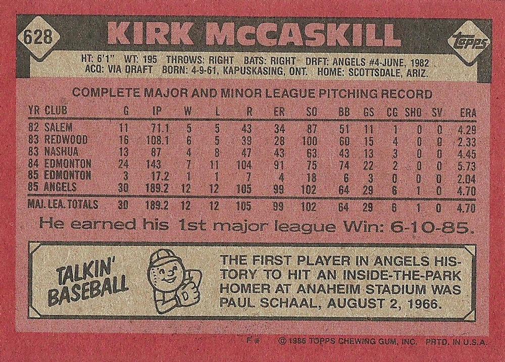 Kirk McCaskill  baseball card collectible - Main Image 2
