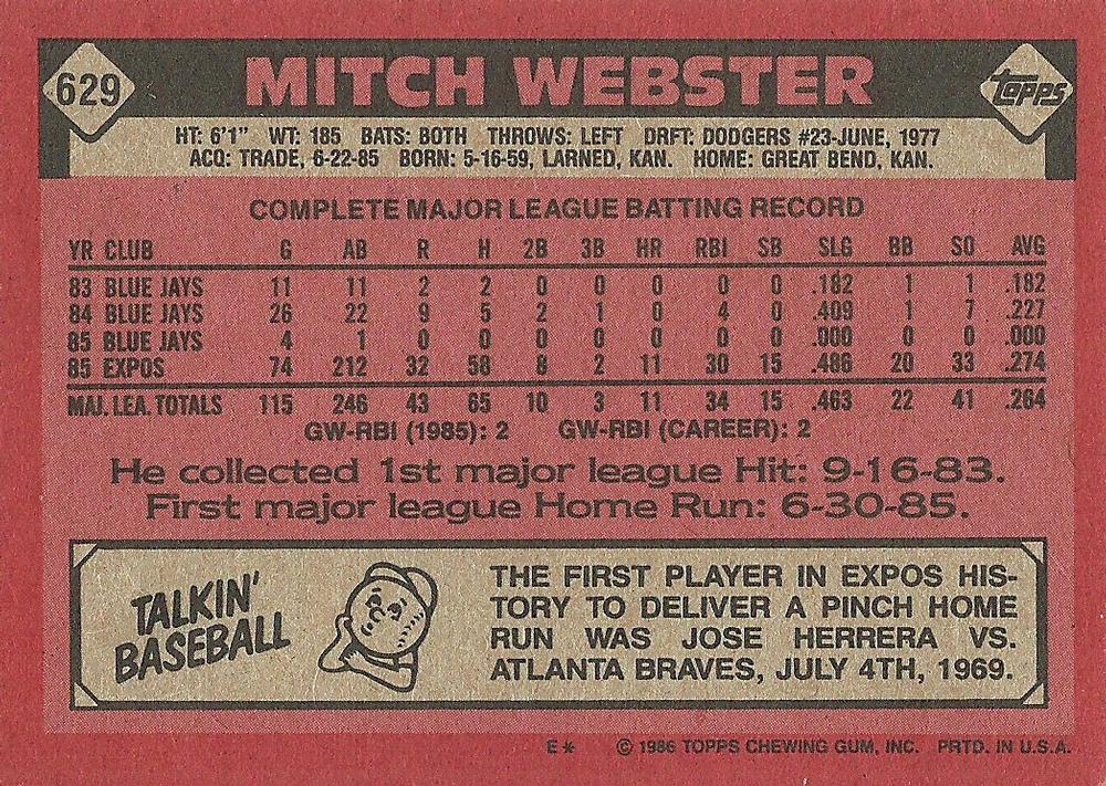 Mitch Webster  baseball card collectible - Main Image 2