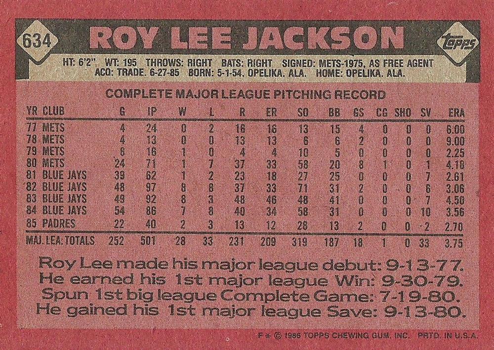 Roy Lee Jackson  baseball card collectible - Main Image 2