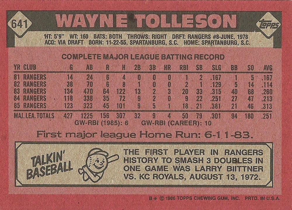 Wayne Tolleson  baseball card collectible - Main Image 2
