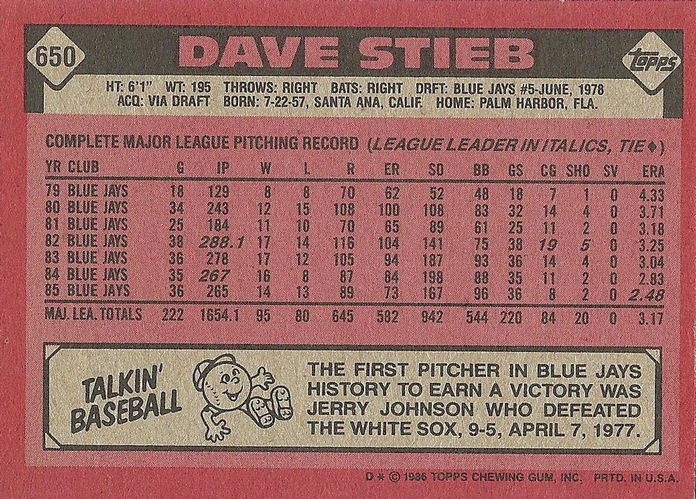 Dave Stieb  baseball card collectible - Main Image 2
