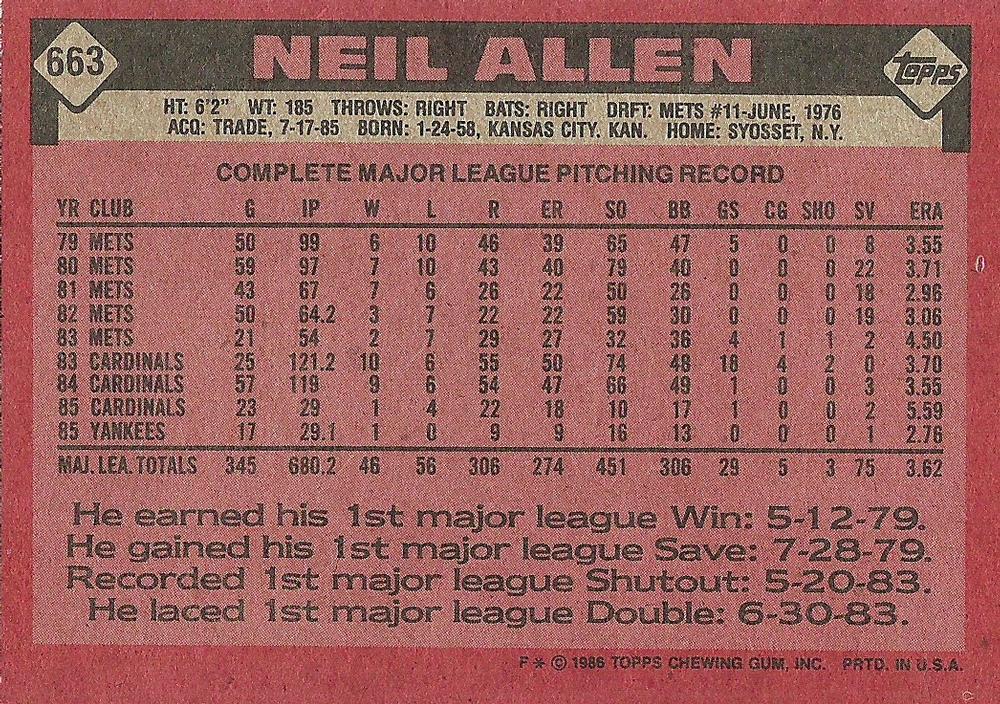 Neil Allen  baseball card collectible - Main Image 2