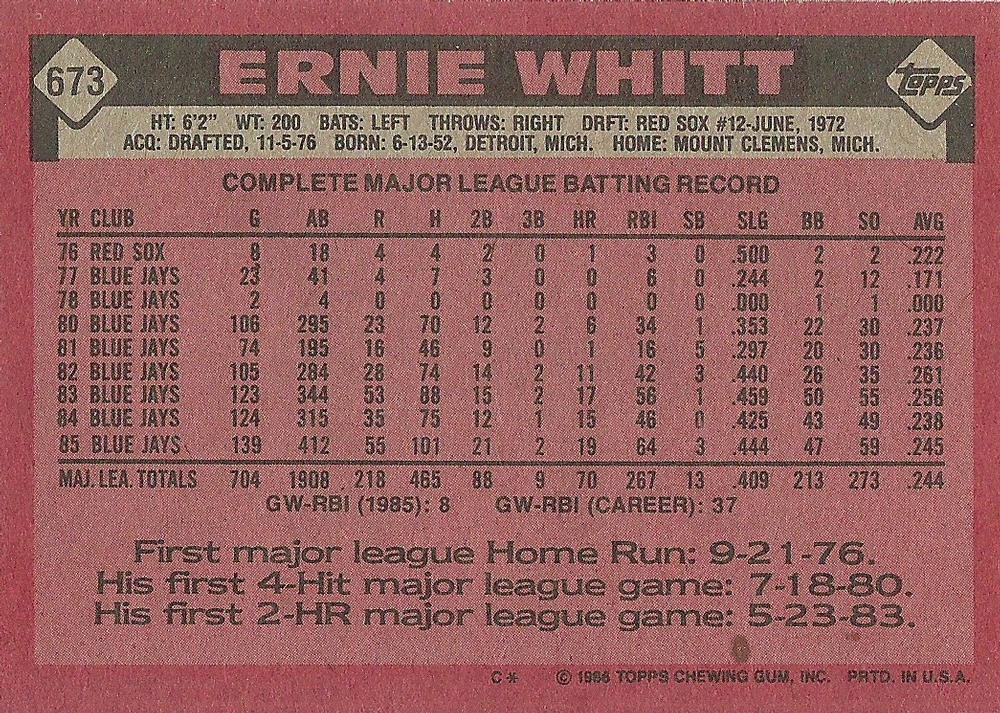 Ernie Whitt  baseball card collectible - Main Image 2
