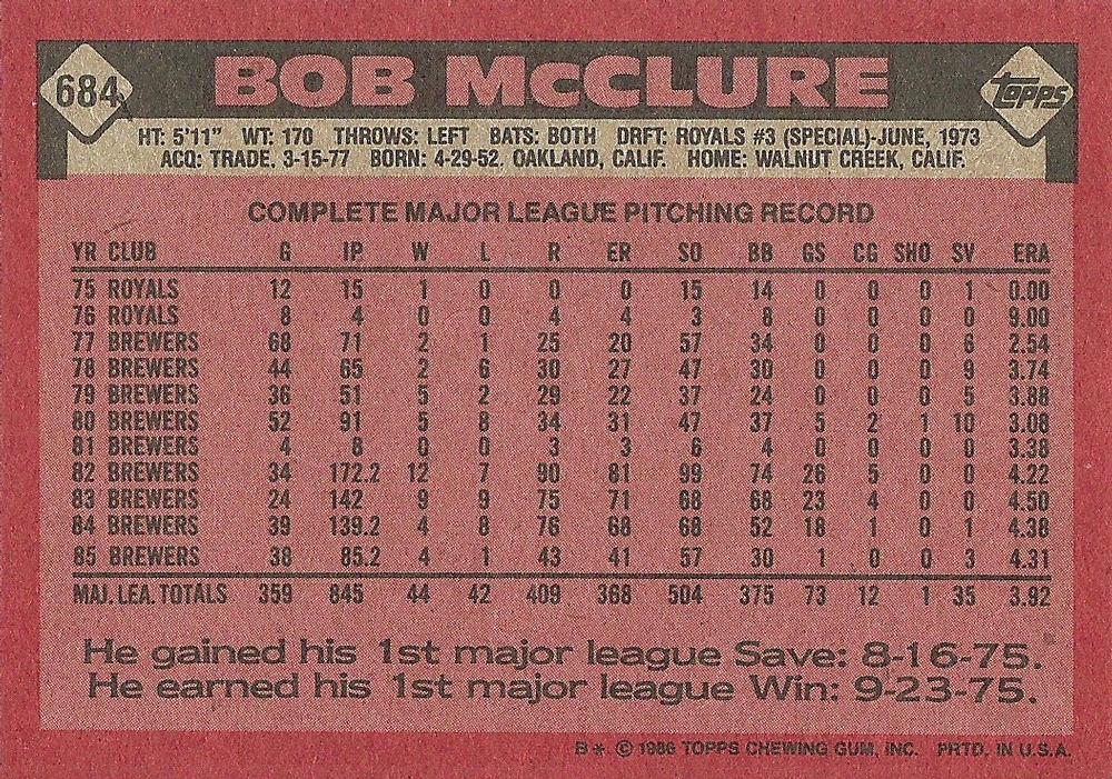 Bob McClure  baseball card collectible - Main Image 2