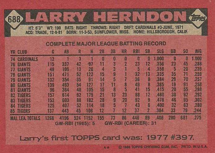 Larry Herndon  baseball card collectible - Main Image 2
