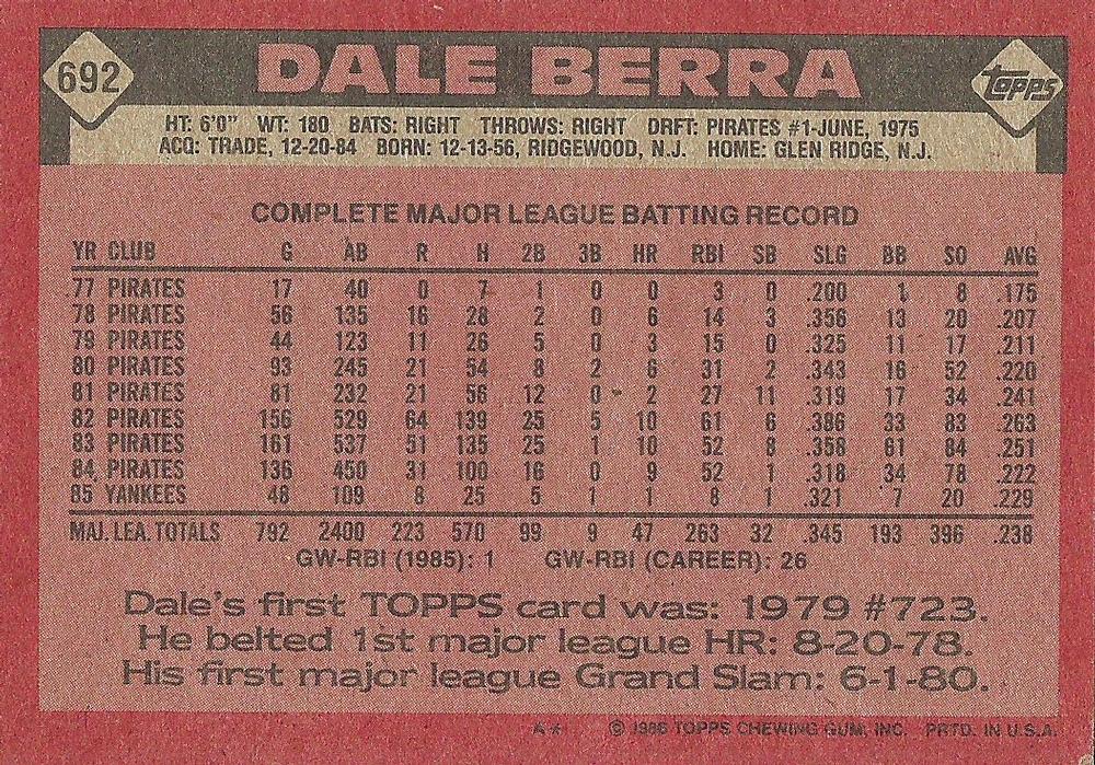 Dale Berra  baseball card collectible - Main Image 2