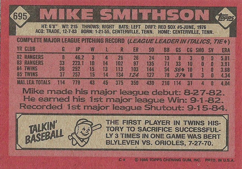 Mike Smithson  baseball card collectible - Main Image 2