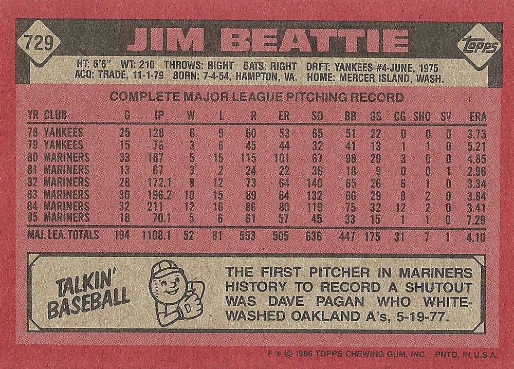 Jim Beattie  baseball card collectible - Main Image 2