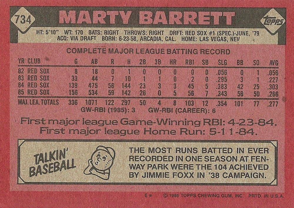 Marty Barrett  baseball card collectible - Main Image 2