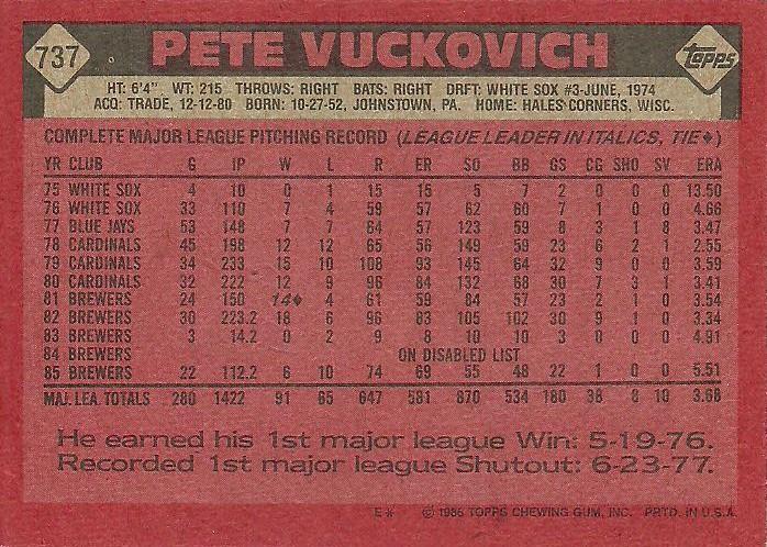Pete Vuckovich  baseball card collectible - Main Image 2