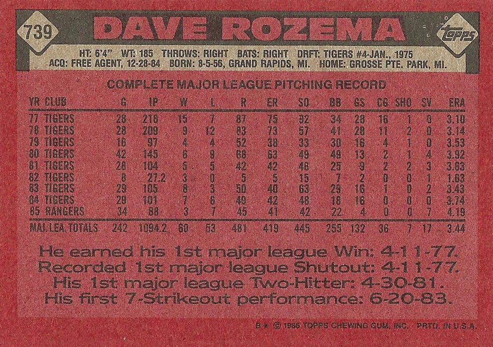 Dave Rozema  baseball card collectible - Main Image 2