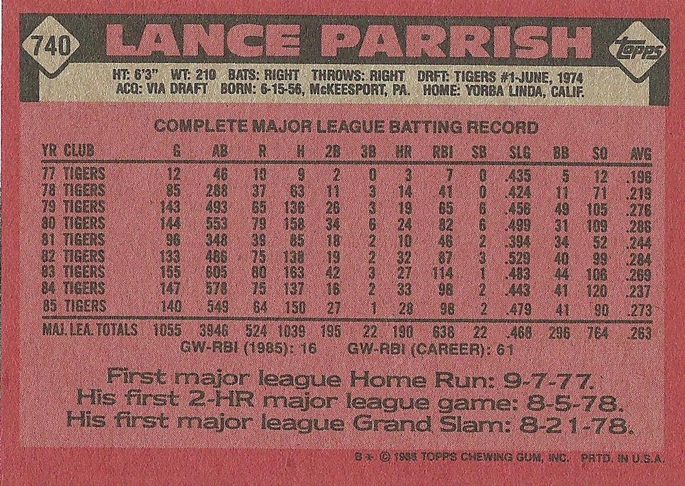 Lance Parrish  baseball card collectible - Main Image 2