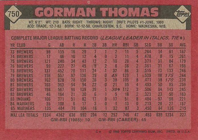Gorman Thomas  baseball card collectible - Main Image 2