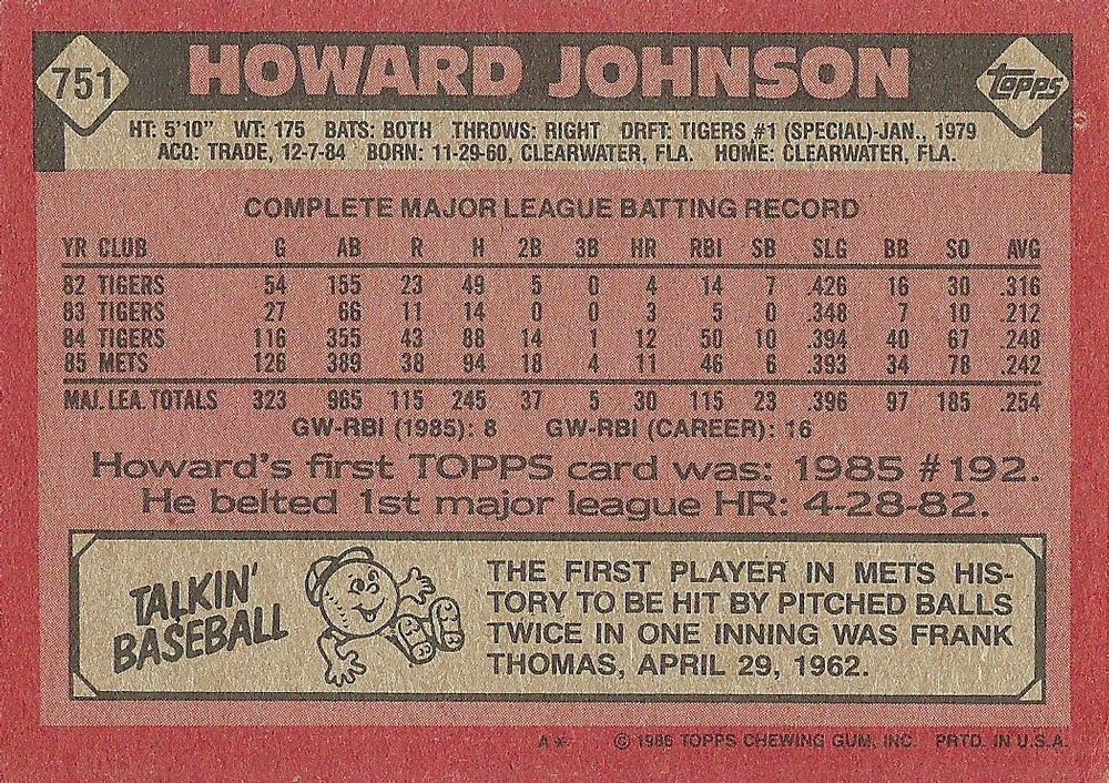Howard Johnson  baseball card collectible - Main Image 2