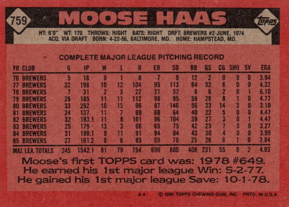 Moose Haas  baseball card collectible - Main Image 2