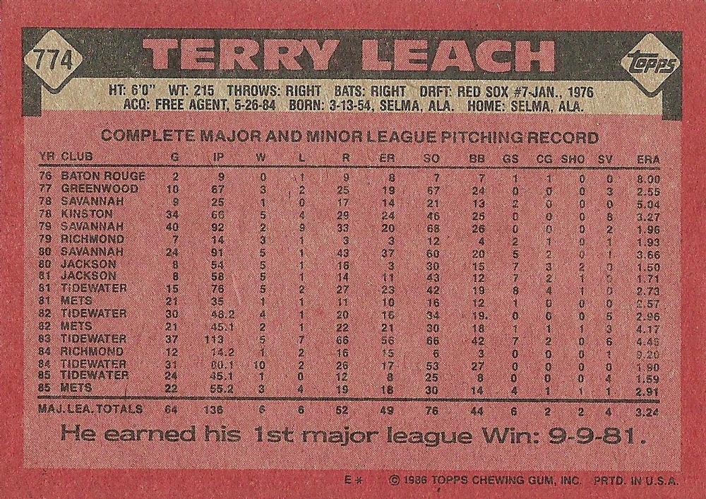Terry Leach  baseball card collectible - Main Image 2