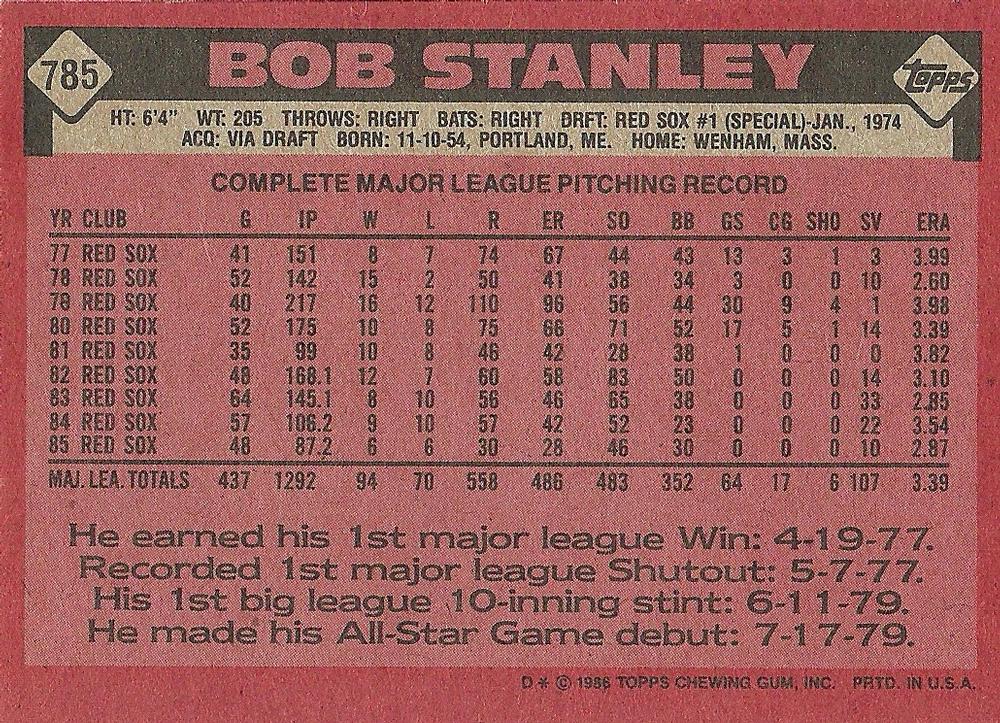 Bob Stanley  baseball card collectible - Main Image 2