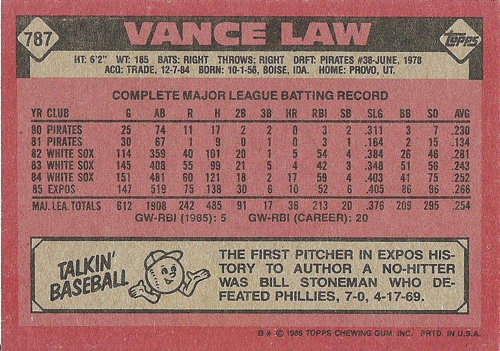 Vance Law  baseball card collectible - Main Image 2